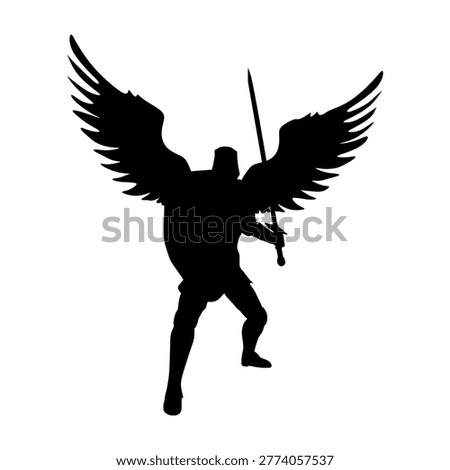 Fantasy man angel warrior with wings. Warlike character. A fantasy character is a knight of light.