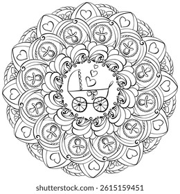 Fantasy mandala with baby carriage and other objects, meditative coloring page vector illustration for baby shower party or other activity