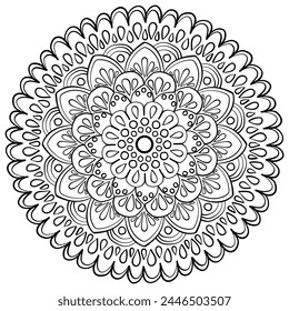 Fantasy mandala with drops and circles, round coloring page vector illustration for activity and design