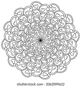 Fantasy-Mandala mit Herz- und Farbmustern, meditative Färbeseite für Valentinstag, Vektorgrafik
