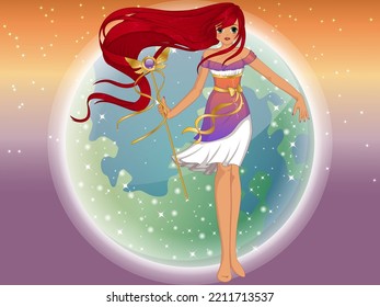 Fantasy Manga Style Princess With Long Red Hair On A Hazy Planet Background. Vector Illustration