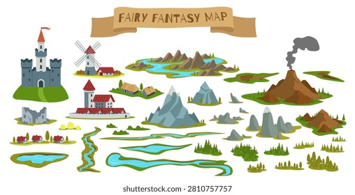 Fantasy map constructor. Castles and villages, mountains or volcano rocks, forests, rivers and lakes, fairytale landscape elements for game adventure qualitative vector cartoon flat style isolated set
