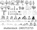Fantasy map elements hand drawn vector design - of nature cartography symbols - trees, plants, mountains