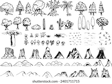 Fantasy map elements hand drawn vector design - of nature cartography symbols - trees, plants, mountains