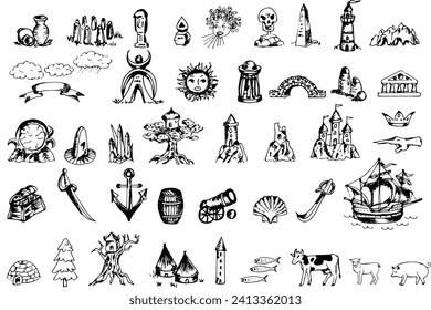 Fantasy map elements, illustration, drawing, engraving, ink, line, line art, vector - various symbols for fantasy map making