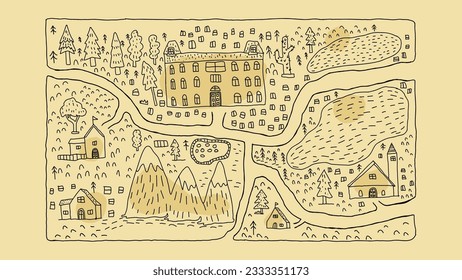 fantasy map freehand sketch doodle village with mountain, frees, roads and houses