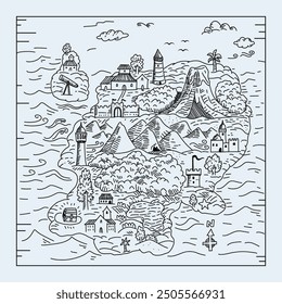 Fantasy map hand drawn, freehand illustration