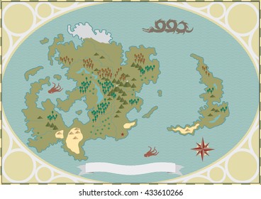 Fantasy Map Of Legendary World, With Marine Monsters, Mountains, Ice, Trees, Isles And Cartographic Signs.