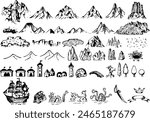 Fantasy map symbols for cartography of fantasy maps - line drawings, outlines, vector - mountains, trees and monsters