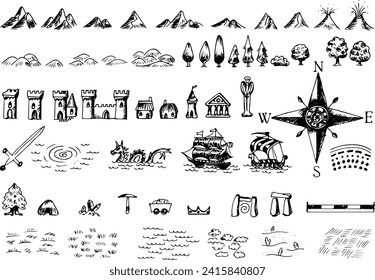 Fantasy map symbols for cartography of fantasy maps - line drawings, outlines, vector