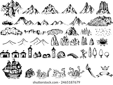 Fantasy map symbols for cartography of fantasy maps - line drawings, outlines, vector - mountains, trees and monsters