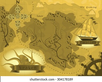 fantasy map treasures with a kraken in a vector
