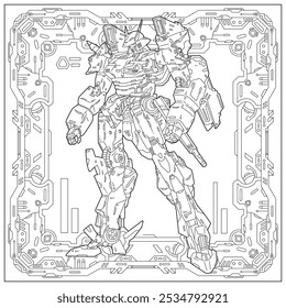 Fantasia mecha robô em uma armadura incrível e legal. Aprendizagem e educação ilustração da página de coloração para adultos e crianças. Estilo de contorno de vetor, desenho em preto e branco para várias finalidades.