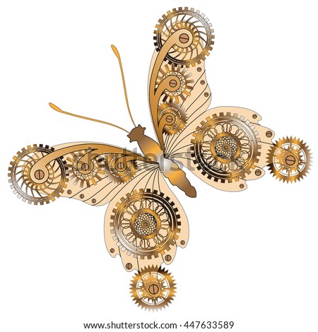 Fantasy mechanical  butterfly with gear wheels and cogs. . Collage in steampunk style. Isolated on white background.