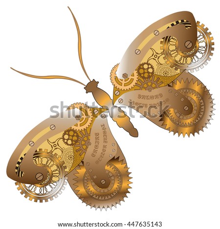 Fantasy mechanical  butterfly with gear wheels and cogs. . Collage in steampunk style. Isolated on white background.