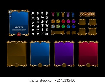 fantasia medieval antigo modelo de jogo de cartas com ouro, azul, roxo, vermelho variações de cor. com um kit de símbolo de fantasia rpg