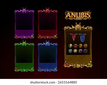 fantasia medieval anubis tema de cartão design jogo de cartas tcg quadro modelo com elemento de natureza e bandeira