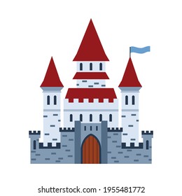 Fantasy medieval brick stone castle flat cartoon vector illustration isolated.