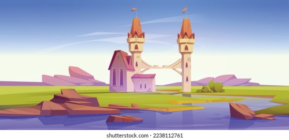 Fantasy medieval castle with bridge over river between towers. Summer countryside landscape with water stream, stones, green grass and mansion with turrets, vector cartoon illustration