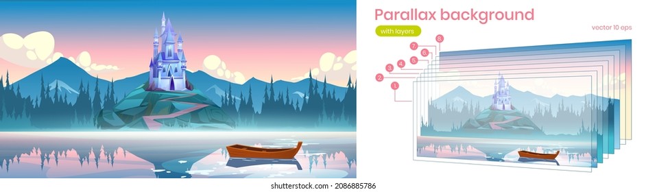 Fantasy medieval castle on rock at morning. Vector parallax background for 2d animation with cartoon mountain landscape with magic royal palace , forest and lake with fog and boat
