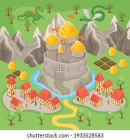 Fantasy Medieval City Landscape And Dragons Flying Above Castle And Rocks Isometric Vector Illustration