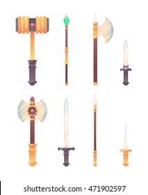 Fantasy medieval cold weapon set in flat-style design for games, isolated on white background