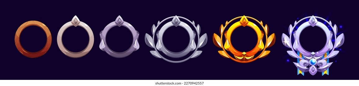 Fantasy medieval frames of game avatars or ranking badges. Empty button frames with wooden, silver, bronze and golden borders with laurel and pennant, vector cartoon set isolated on background