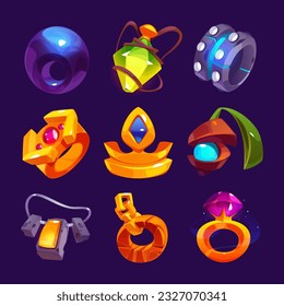 Fantasy mittelalterlicher Goldring, Pendant ui Spiel Symbol Vektorgrafik. Zauberhafte königliche Inventarelement mit schönem Edelstein. Cartoon amulet Schatzzubehör Set, MärchenRequisiten Errungenschaften