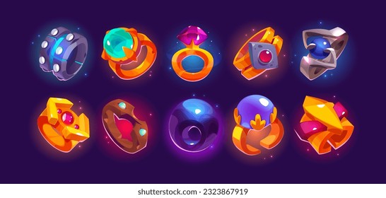 Fantasy medieval gold ring ui game icon vector. Magic royal inventory asset element with beautiful gemstone. Cartoon amulet treasure accessories set with glow and mist. Fairytale props achievements