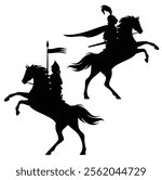 fantasy medieval knight riding horse holding banner spear - fairy tale horseback hero black vector silhouette set