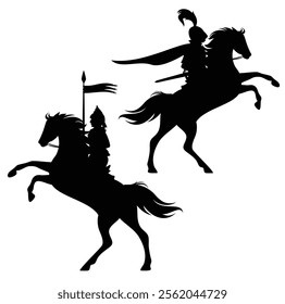 fantasy medieval knight riding horse holding banner spear - fairy tale horseback hero black vector silhouette set