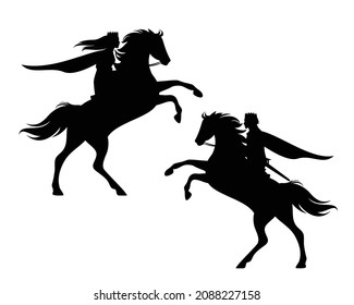 fantasy medieval prince and princess wearing royal crown riding rearing up horse - fairy tale queen and king black and white vector silhouette set