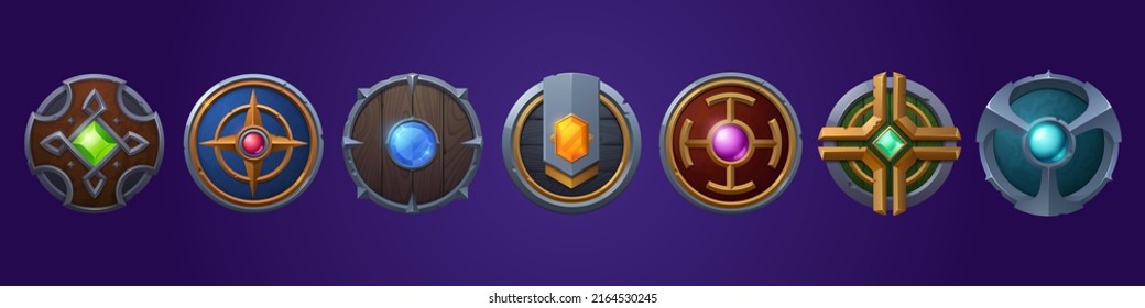 Fantasy medieval round shields. Metal and wooden armor of viking, knight and warrior. Vector cartoon icons set of circle wood shields with steel frame and gems
