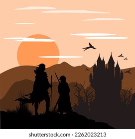 Fantasy medieval scene, father and son looking to the castle