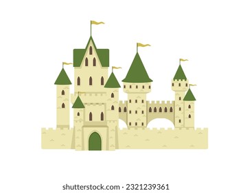Fantasy medieval stone castle with towers gate and flags green color style vector illustration isolated on white background
