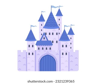 Fantasy medieval stone castle with towers gate and flags purple color style vector illustration isolated on white background