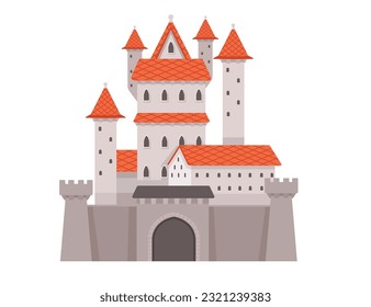 Fantasy medieval stone castle with towers gate and red tile roof color style vector illustration isolated on white background