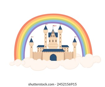 Fantasy medieval stone castle with towers gate flying in the sky on white cloud with rainbow vector illustration isolated on white background