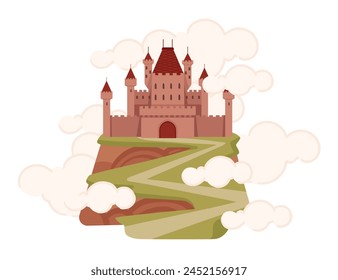 Fantasy medieval stone castle with towers gate standing on a high mountain vector illustration isolated on white background
