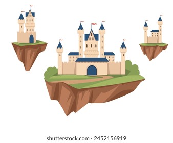 Fantasy medieval stone castle with towers gate floating in the sky on big piece of ground vector illustration isolated on white background