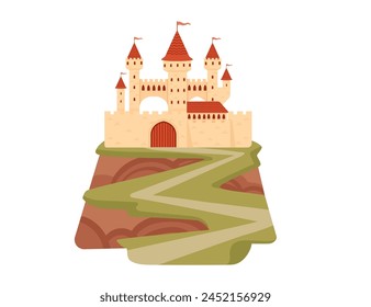Fantasy medieval stone castle with towers gate standing on a high mountain vector illustration isolated on white background