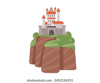 Fantasy medieval stone castle with towers gate standing on a high mountain vector illustration isolated on white background