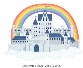 Fantasy medieval stone castle with towers gate flying in the sky on white cloud with rainbow vector illustration isolated on white background