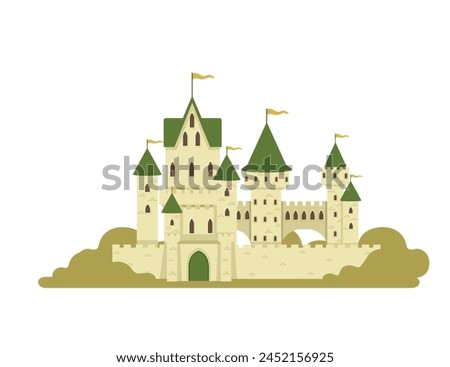 Fantasy medieval stone castle with towers and gate staying in green forest style vector illustration isolated on white background