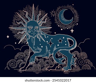 fantasy medieval style illustration, gravure style, chimera