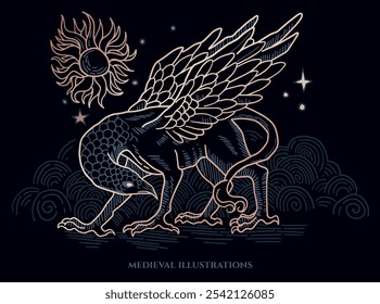 fantasy medieval style illustration, gravure style, gryphon	