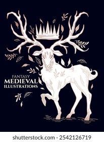 fantasia estilo medieval ilustração, estilo de gravura, cervo fantasia mágica	