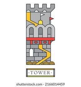 Fantasy medieval tower with flags and hearts. Legendary dragon fortress with a bridge. Red-yellow-black art illustration