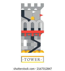 Fantasy mittelalterlicher Turm mit Fahnen und Herzen. Legendäre Drachenfestung mit Brücke. Rot-Gelb-Schwarz-Kunstgrafik