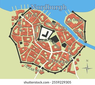 Fantasy medieval town map design. Imaginary historic style city map for book or RPG video game.